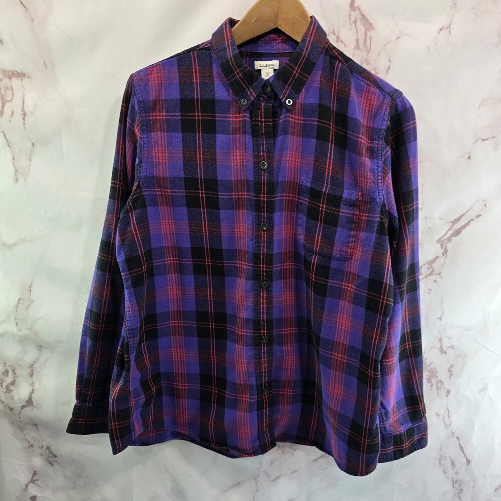 LL Bean Shirt Womens Medium Purple Flannel Red Black Scotch Plaid Button Down